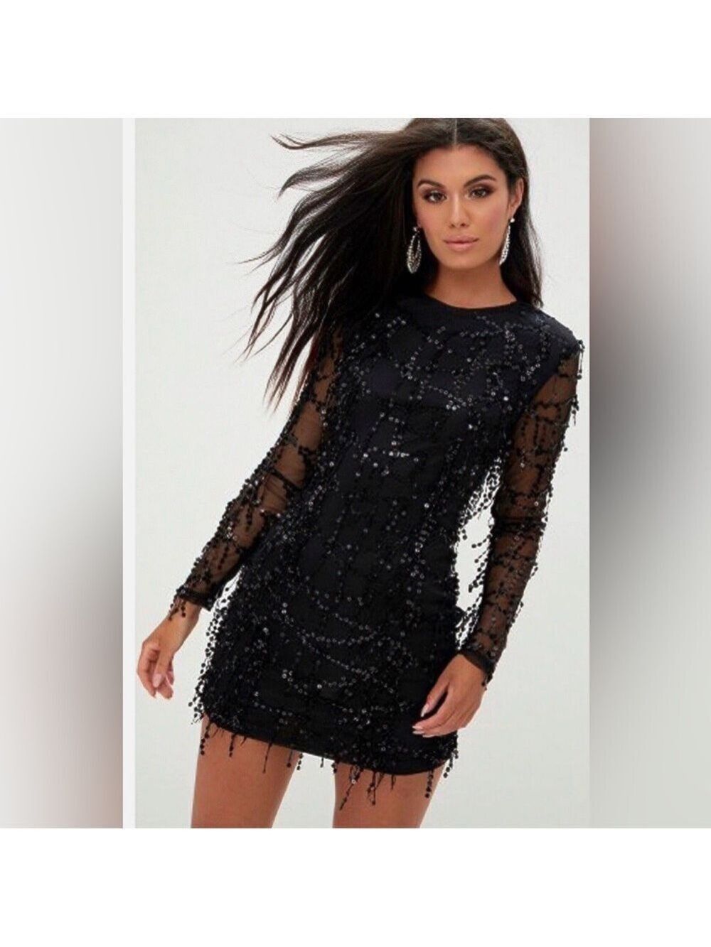 PrettyLittleThing Black Sequined Sheer-Sleeve Mini Dress
